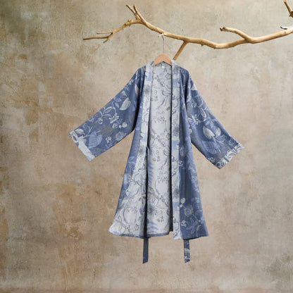 Kimono in garza di cotone con foglie pastorali - Blu - L - image 1