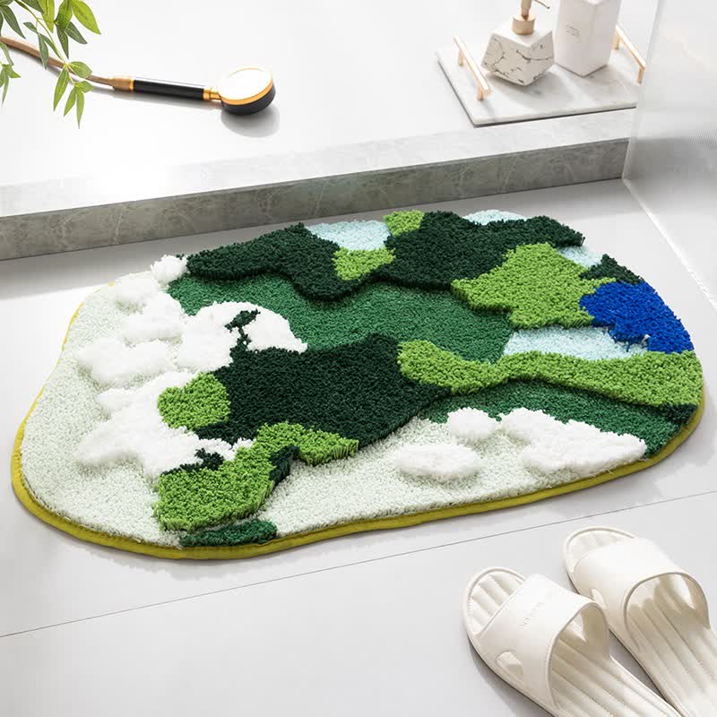 Tappeto da bagno decorativo astratto artistico - Verde e bianco - 60cm x 90cm - image 1