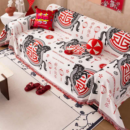 Copridivano in ciniglia a copertura Piazza e Mezza con motivo a cavallo e zodiaco - image 1
