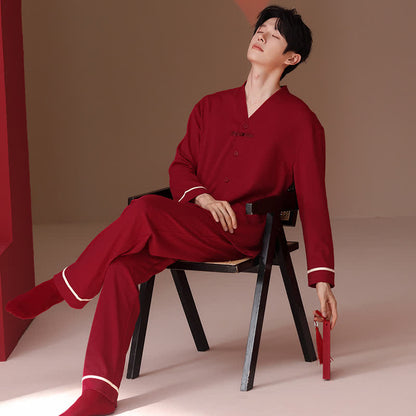Pigiama vintage in cotone con scollo a V per coppia - Rosso - Uomini - 3XL - image 3
