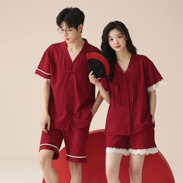 Pigiama da coppia in cotone a maniche corte - Rosso - Donne - 2XL - image 0