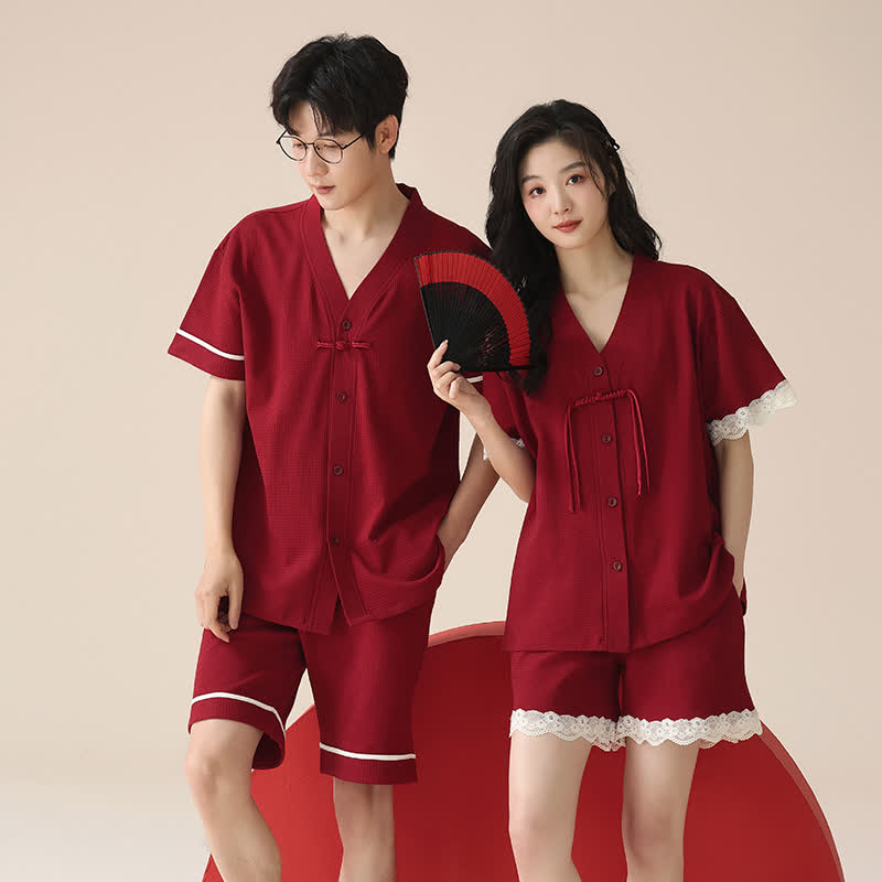 Pigiama da coppia in cotone a maniche corte - Rosso - Donne - 2XL - image 0