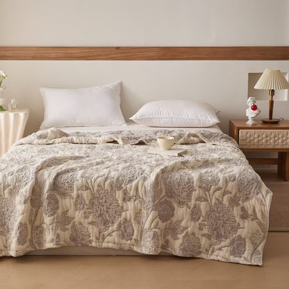Trapunta reversibile in garza di cotone con motivo floreale di peonia - Grigio - Matrimoniale - image 3
