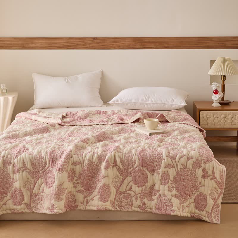 Trapunta reversibile in garza di cotone con motivo floreale di peonia - Rosa - Matrimoniale - image 0
