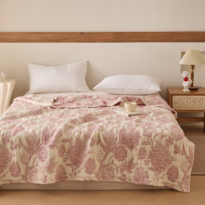 Trapunta reversibile in garza di cotone con motivo floreale di peonia - Rosa - Matrimoniale - image 0