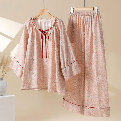 Completo da notte in cotone con volant e motivo a orso floreale - Rosa - XL - image 0