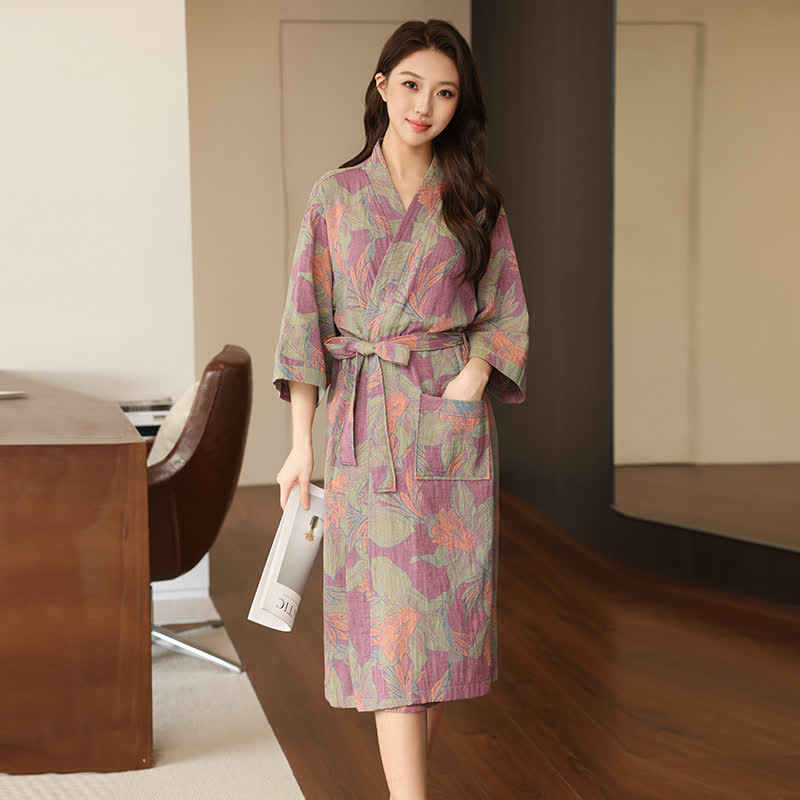 Kimono in doppia garza di cotone floreale - Viola - XL - image 4