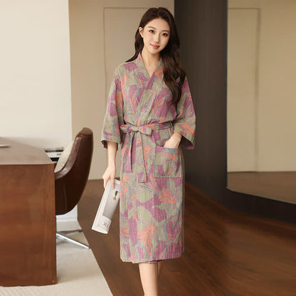 Kimono in doppia garza di cotone floreale - Viola - XL - image 4