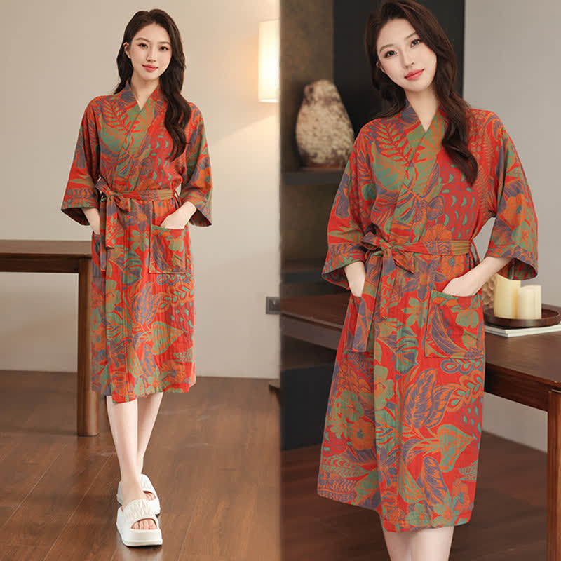 Kimono in doppia garza di cotone con foglie floreali - image 1