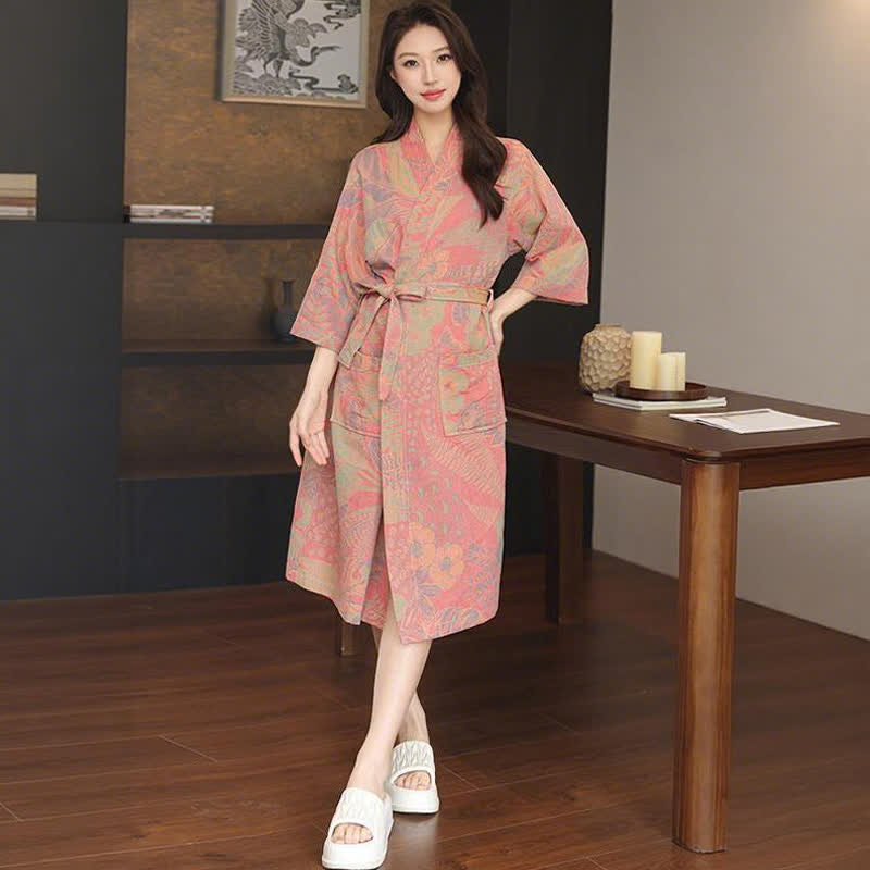 Kimono in doppia garza di cotone con foglie floreali - Rosa - XL - image 3