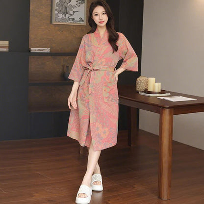 Kimono in doppia garza di cotone con foglie floreali - Rosa - XL - image 3