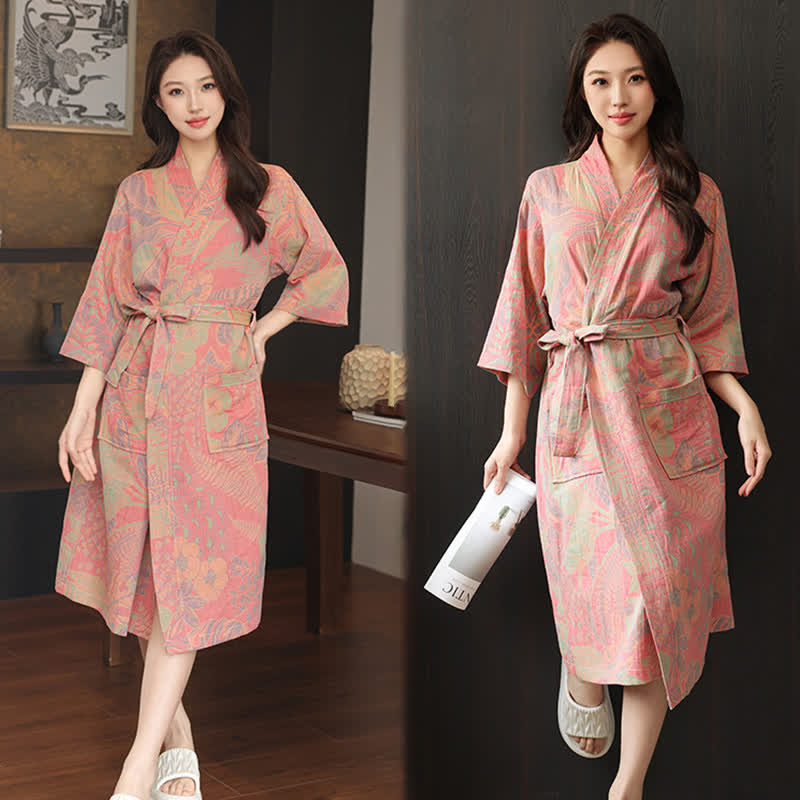 Kimono in doppia garza di cotone con foglie floreali - image 4
