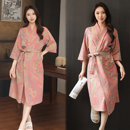 Kimono in doppia garza di cotone con foglie floreali - image 4