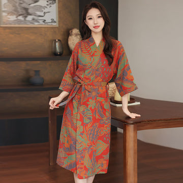 Kimono in doppia garza di cotone con foglie floreali - Rosso - XL - image 0