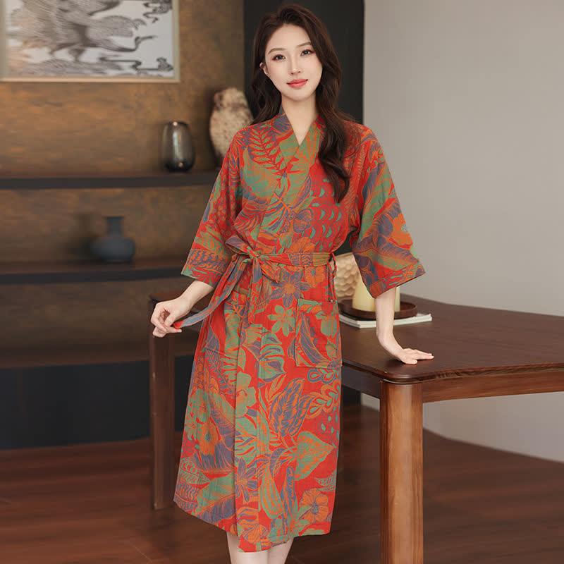 Kimono in doppia garza di cotone con foglie floreali - Rosso - XL - image 0