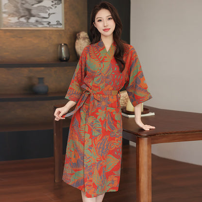 Kimono in doppia garza di cotone con foglie floreali - Rosso - XL - image 0