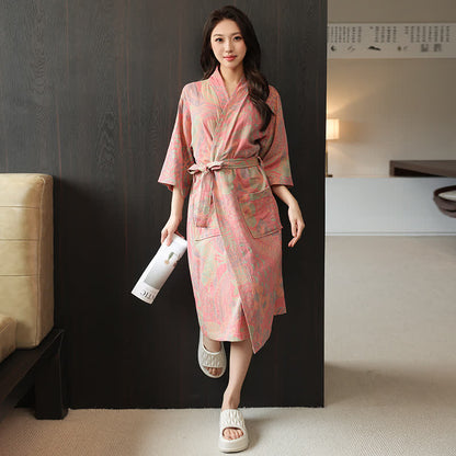 Kimono in doppia garza di cotone con foglie floreali - image 6