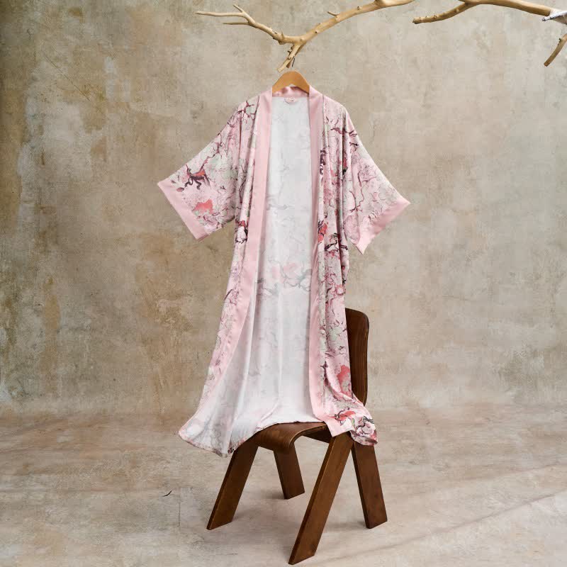 Accappatoio in stile kimono con motivo floreale rosa orientale - image 2