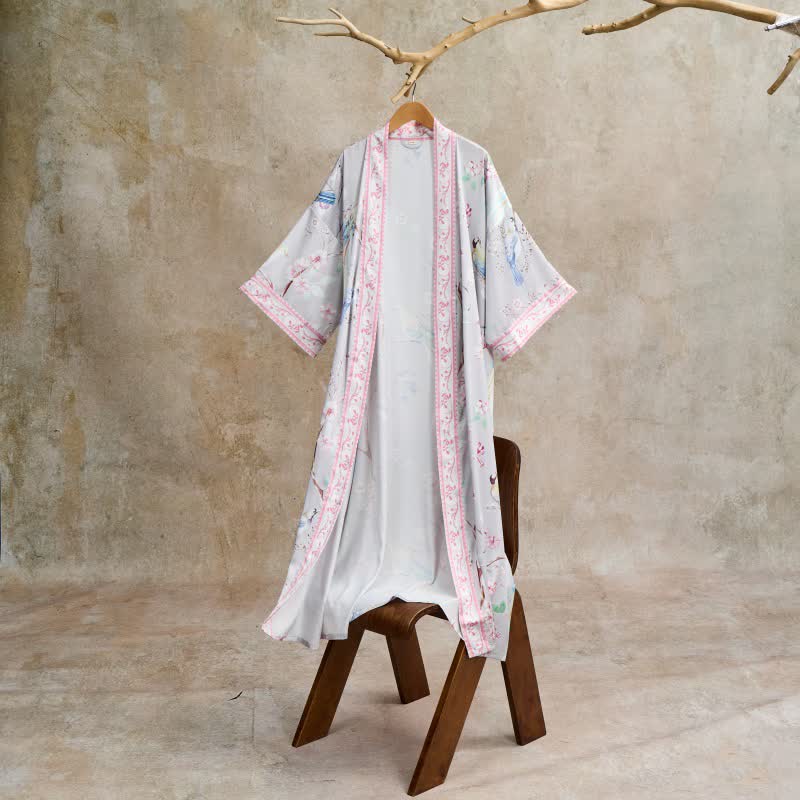 Accappatoio in stile kimono con fiori di pesco e uccelli - Grigio - Taglia unica - image 1
