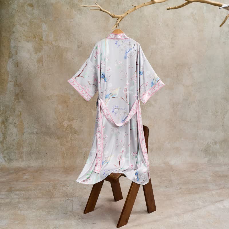 Accappatoio in stile kimono con fiori di pesco e uccelli - image 2