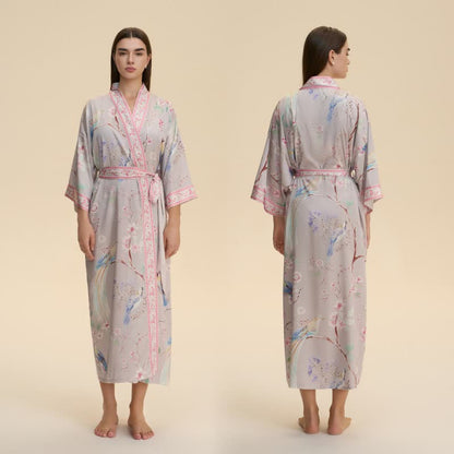 Accappatoio in stile kimono con fiori di pesco e uccelli - image 0