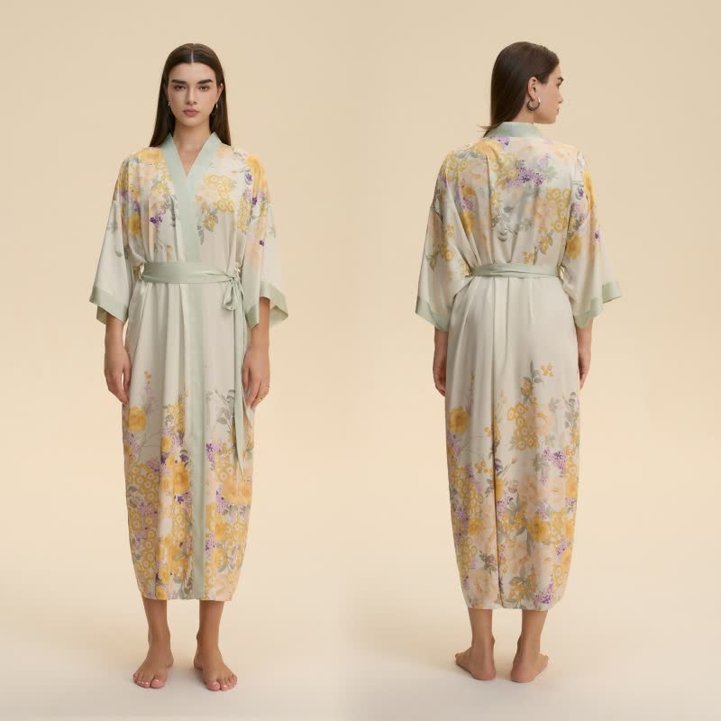 Accappatoio in stile kimono floreale giallo orientale - image 0