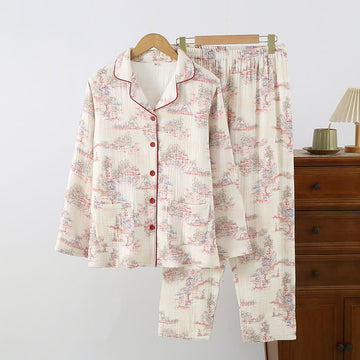 Loungewear in garza di cotone con motivo ad albero artistico orientale - Beige - Collo a revers - XL - image 0
