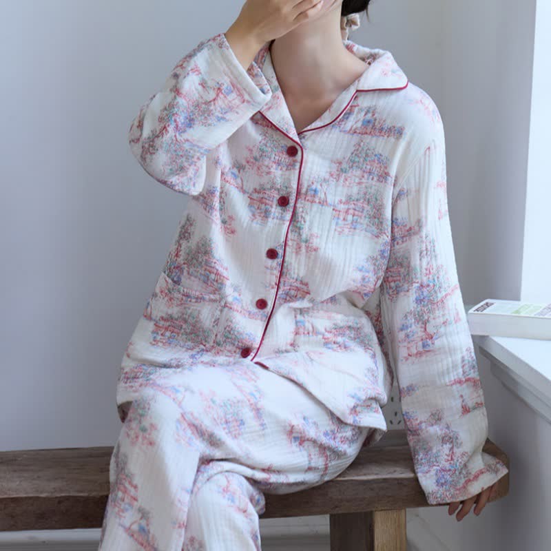 Loungewear in garza di cotone con motivo ad albero artistico orientale - image 4