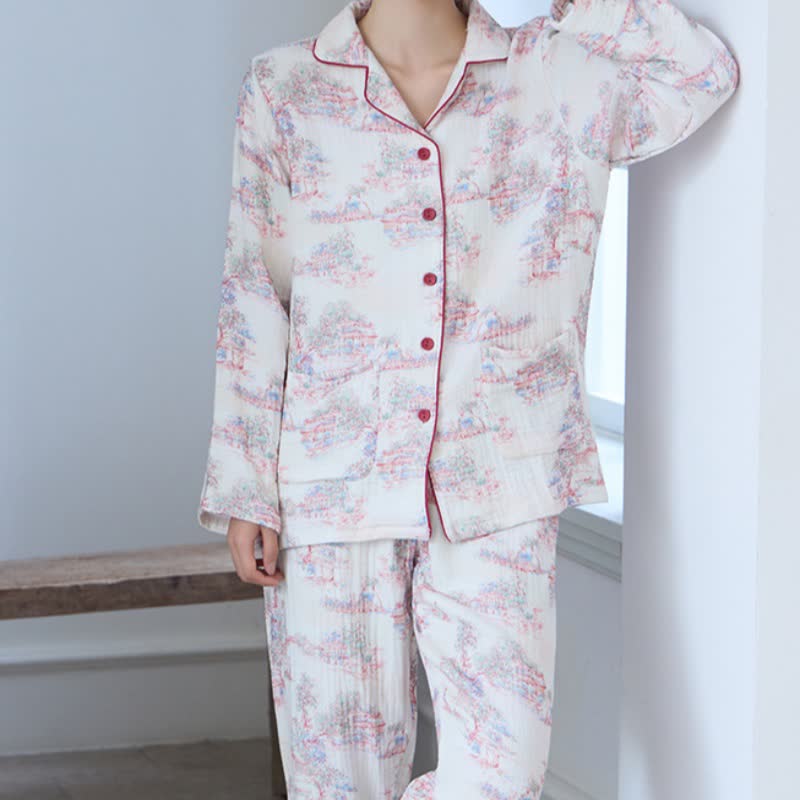 Loungewear in garza di cotone con motivo ad albero artistico orientale - image 2