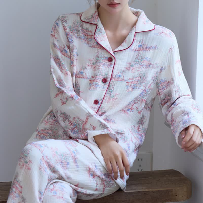 Loungewear in garza di cotone con motivo ad albero artistico orientale - image 3