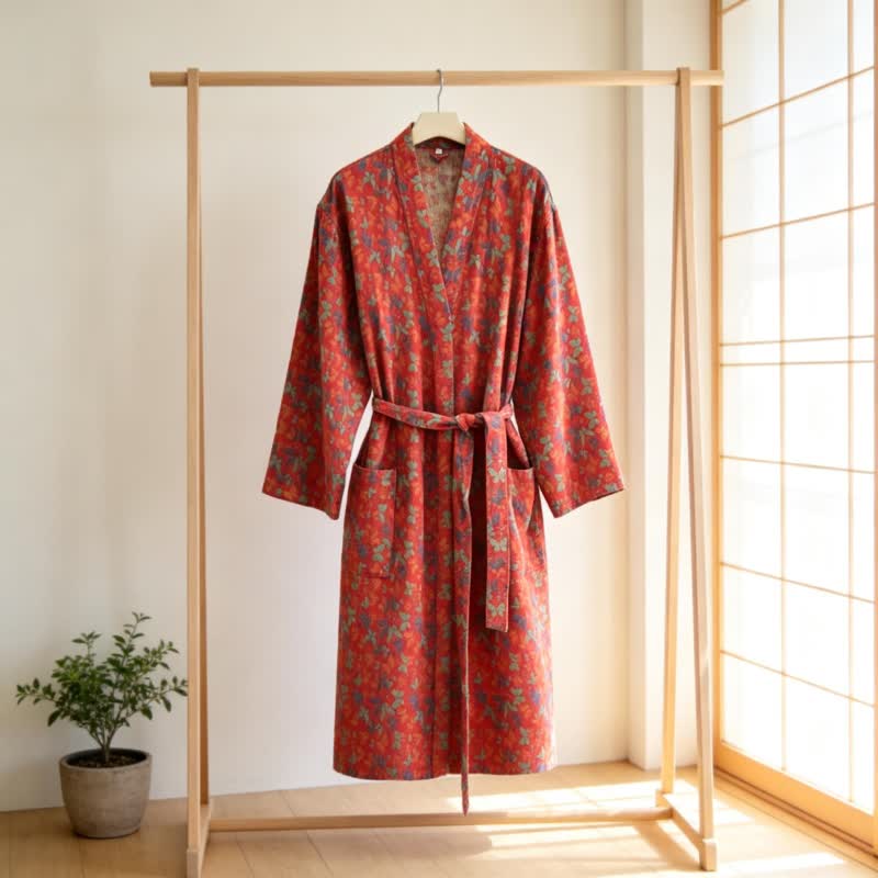 Kimono in garza di cotone jacquard con motivo a farfalle - Rosso - 2XL - image 3