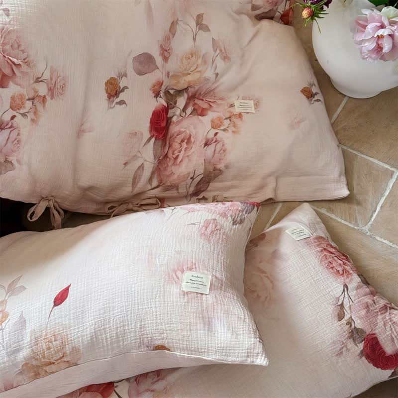 Elegante set di biancheria da letto in cotone con chiusura a fiocco e motivo rosa (4 pezzi) - image 3