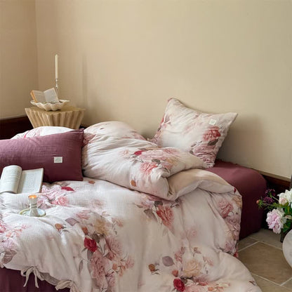 Elegante set di biancheria da letto in cotone con chiusura a fiocco e motivo rosa (4 pezzi) - image 1