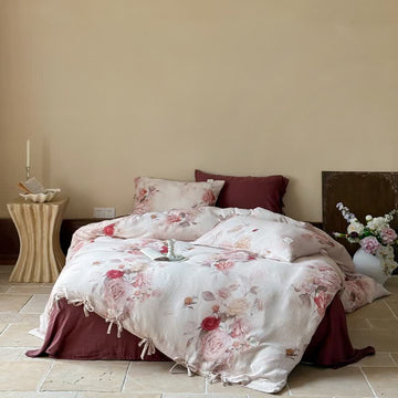 Elegante set di biancheria da letto in cotone con chiusura a fiocco e motivo rosa (4 pezzi) - Matrimoniale Grande - image 0