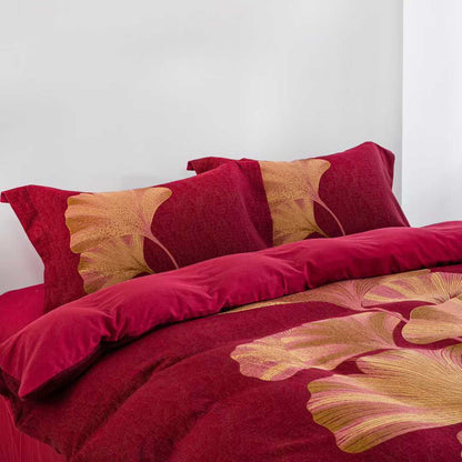 Set di biancheria da letto in cotone con foglie di ginkgo rosso e oro (4 pezzi) - image 1
