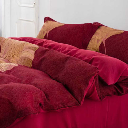 Set di biancheria da letto in cotone con foglie di ginkgo rosso e oro (4 pezzi) - image 3