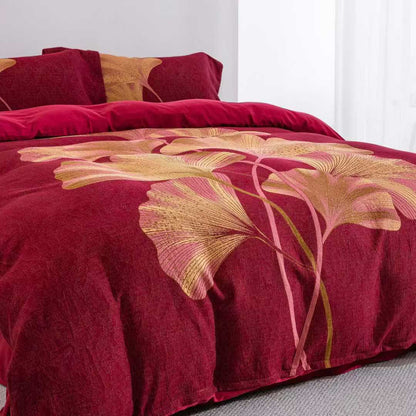 Set di biancheria da letto in cotone con foglie di ginkgo rosso e oro (4 pezzi) - image 2
