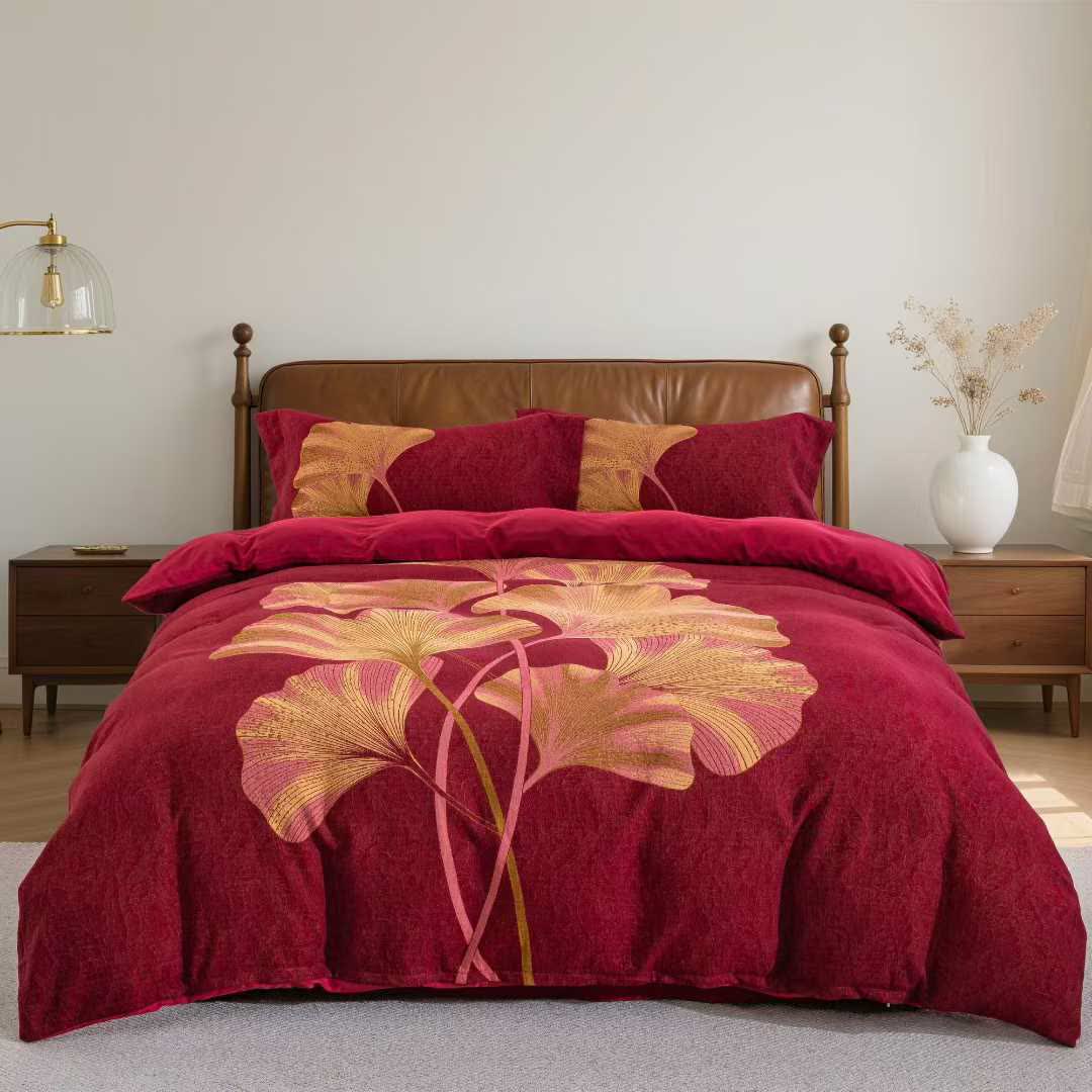 Set di biancheria da letto in cotone con foglie di ginkgo rosso e oro (4 pezzi) - Matrimoniale Grande - image 0