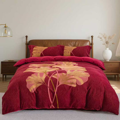 Set di biancheria da letto in cotone con foglie di ginkgo rosso e oro (4 pezzi) - Matrimoniale Grande - image 0
