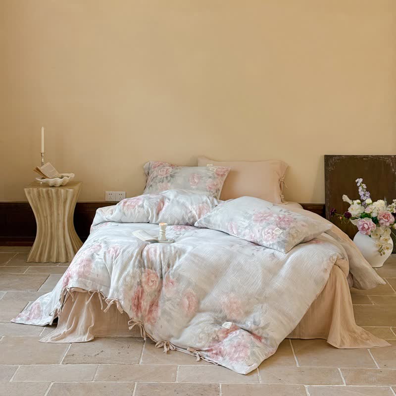 Elegante set di biancheria da letto in cotone con chiusura a lacci e motivo peonia (4 pezzi) - Rosa e blu - Matrimoniale Grande - image 2