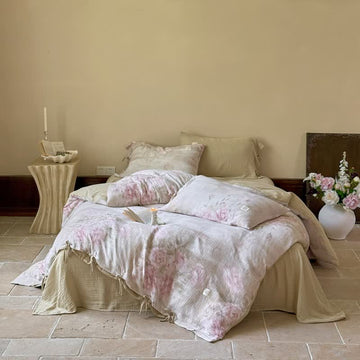Elegante set di biancheria da letto in cotone con chiusura a lacci e motivo peonia (4 pezzi) - Rosa e verde - Matrimoniale Grande - image 0