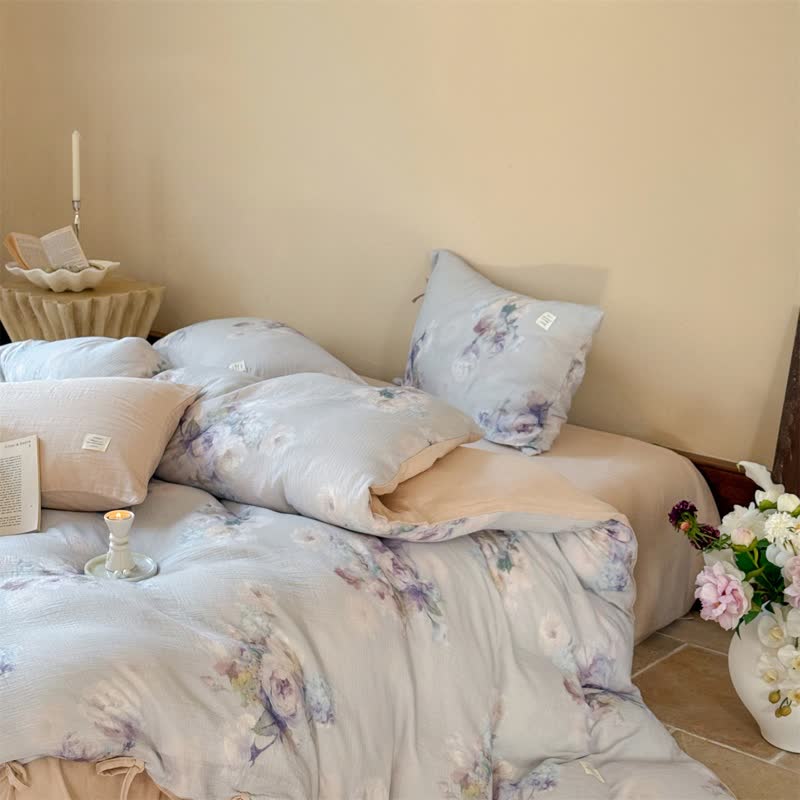 Set di biancheria da letto con chiusura a lacci in cotone con motivo floreale sottile (4 pezzi) - image 7