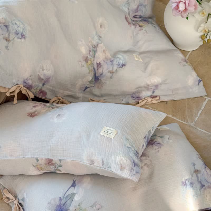 Set di biancheria da letto con chiusura a lacci in cotone con motivo floreale sottile (4 pezzi) - image 11