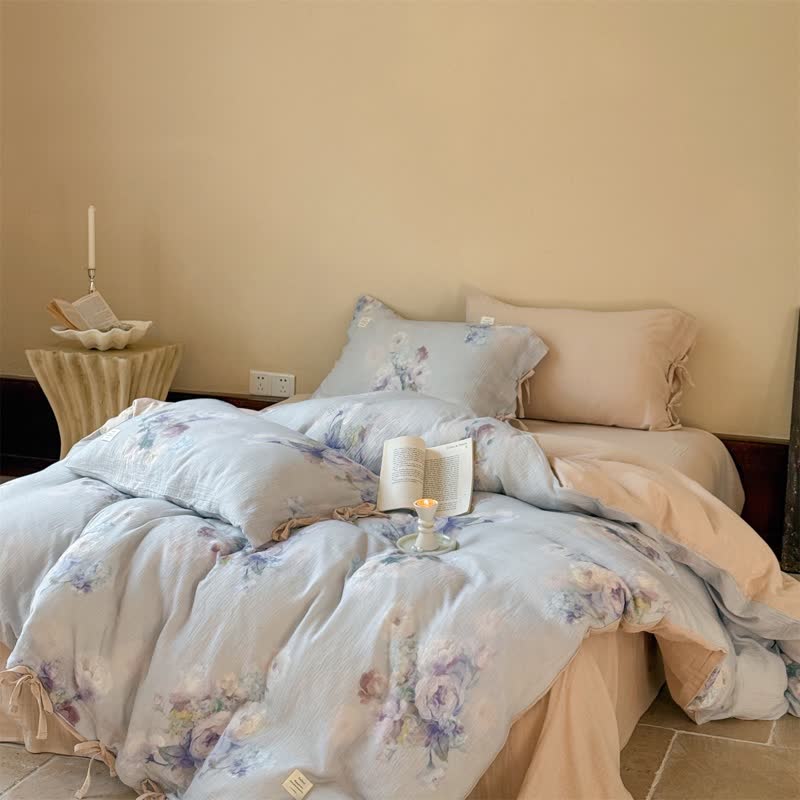 Set di biancheria da letto con chiusura a lacci in cotone con motivo floreale sottile (4 pezzi) - image 2