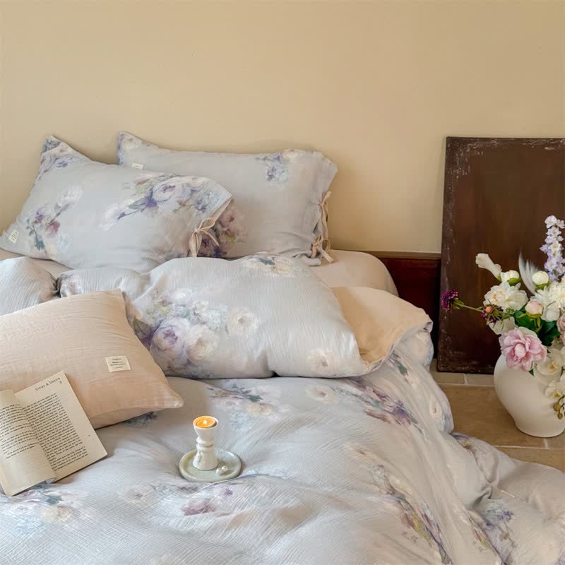Set di biancheria da letto con chiusura a lacci in cotone con motivo floreale sottile (4 pezzi) - image 6