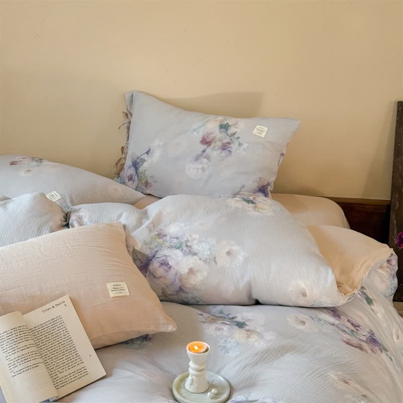 Set di biancheria da letto con chiusura a lacci in cotone con motivo floreale sottile (4 pezzi) - image 9
