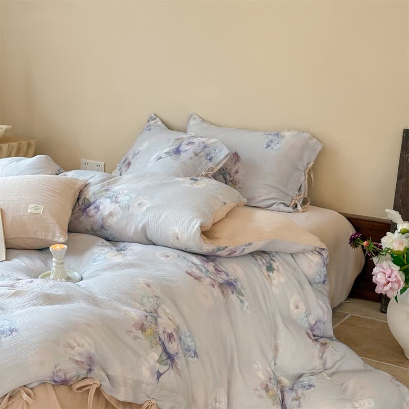 Set di biancheria da letto con chiusura a lacci in cotone con motivo floreale sottile (4 pezzi) - image 3
