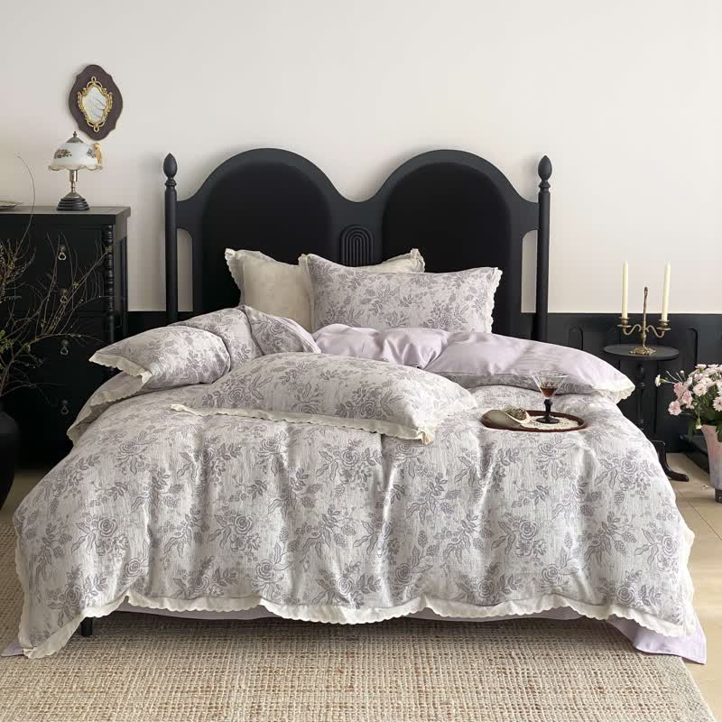 Set di biancheria da letto in garza di cotone Vintage Sottile Rosa (4 pezzi) - Viola - Matrimoniale Grande - image 12
