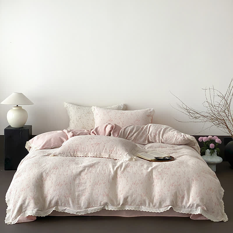 Set di biancheria da letto in garza di cotone con foglie sottili vintage (4 pezzi) - image 5