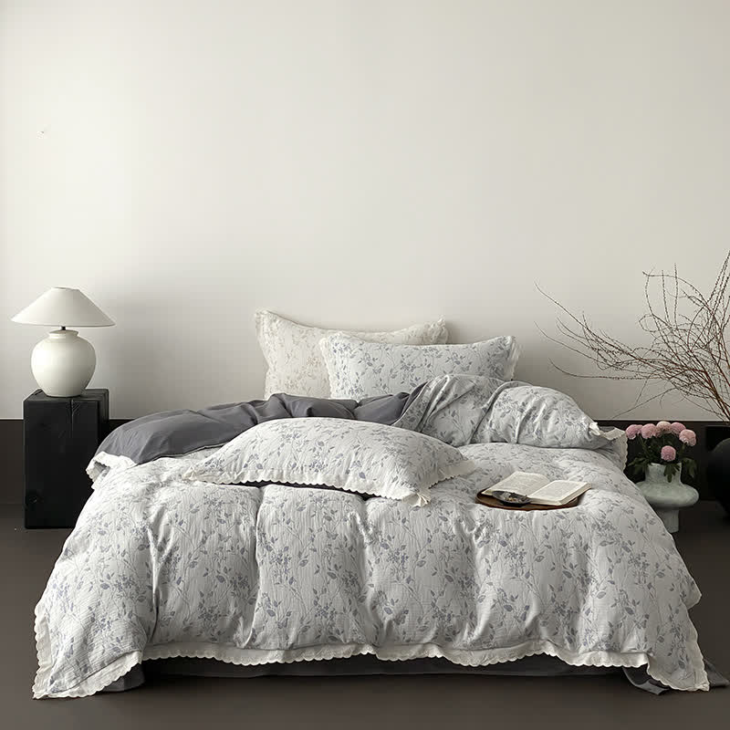 Set di biancheria da letto in garza di cotone con foglie sottili vintage (4 pezzi) - image 11